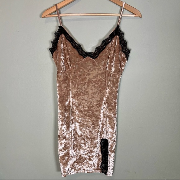 Lunachix Slip Dress-Gold Velvet with Black Lace Trim-Women Medium - Picture 1 of 8